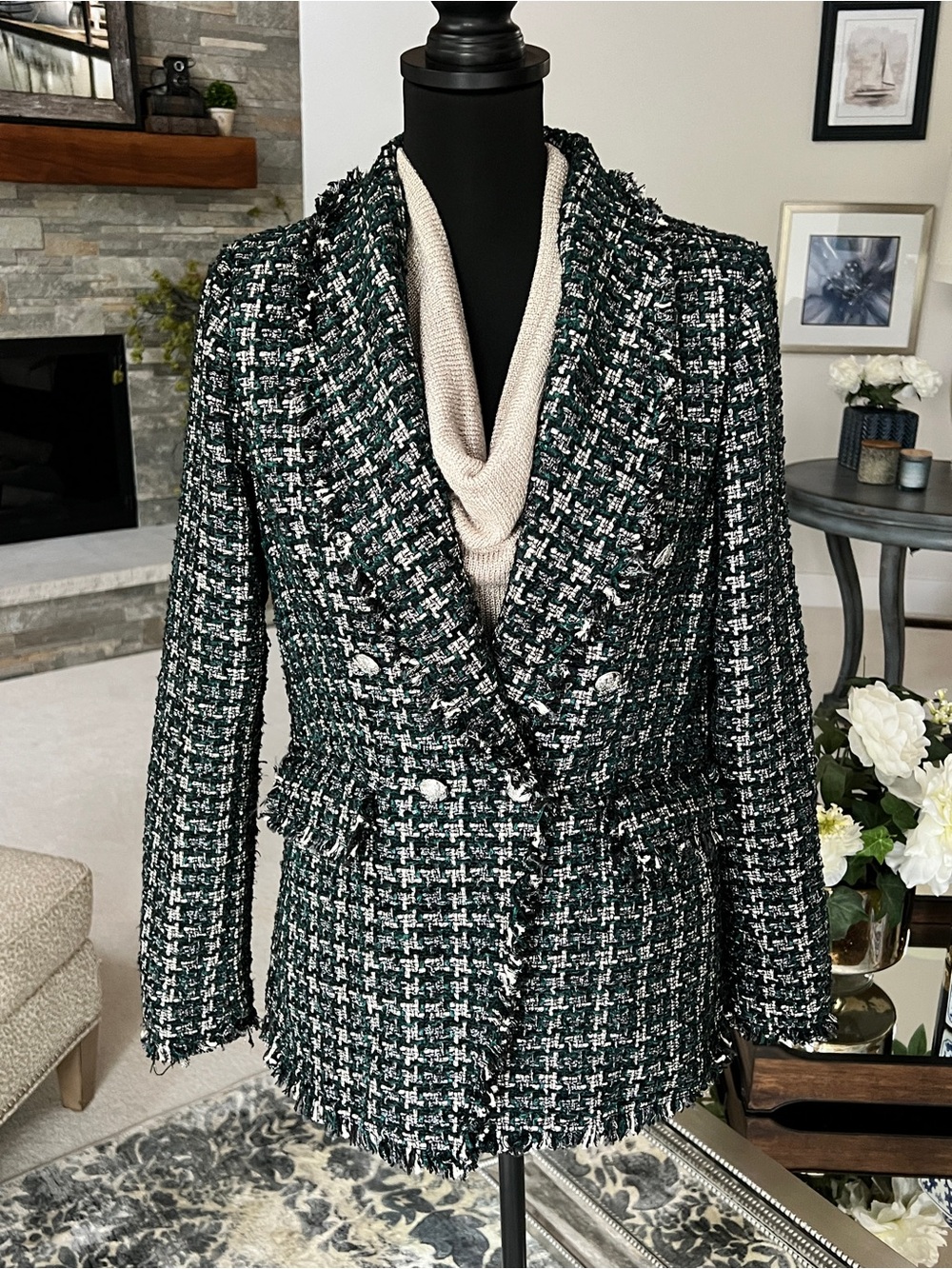 Rachel Zoe Green Tweed Blazer With Fringe Detail